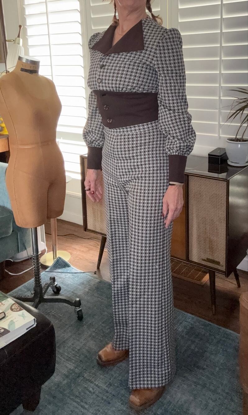 Vintage 70s Houndstooth 2-Pc Set Crop Top Wide Leg Pants Brown S